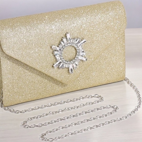 NWT Gold Glitter & Rhinestone Accent Envelope Evening/Clutch/Crossbody Bag - Picture 2 of 14